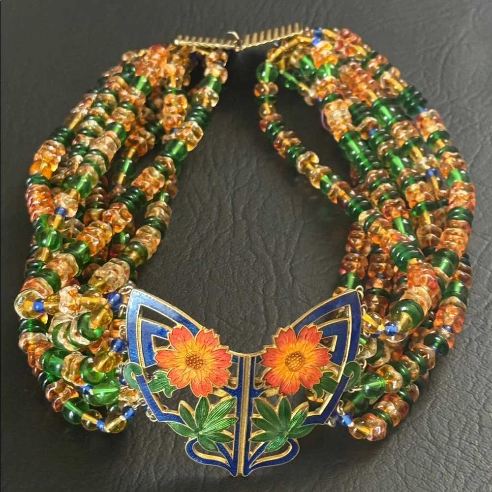 Vintage Glass Beaded Cloisonné Pendant Necklace